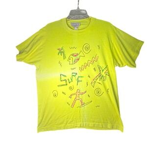 L.A. Chic Vintage Surf Graphic T-Shirt Neon Yellow 80s 90s OSFA Single Stitch